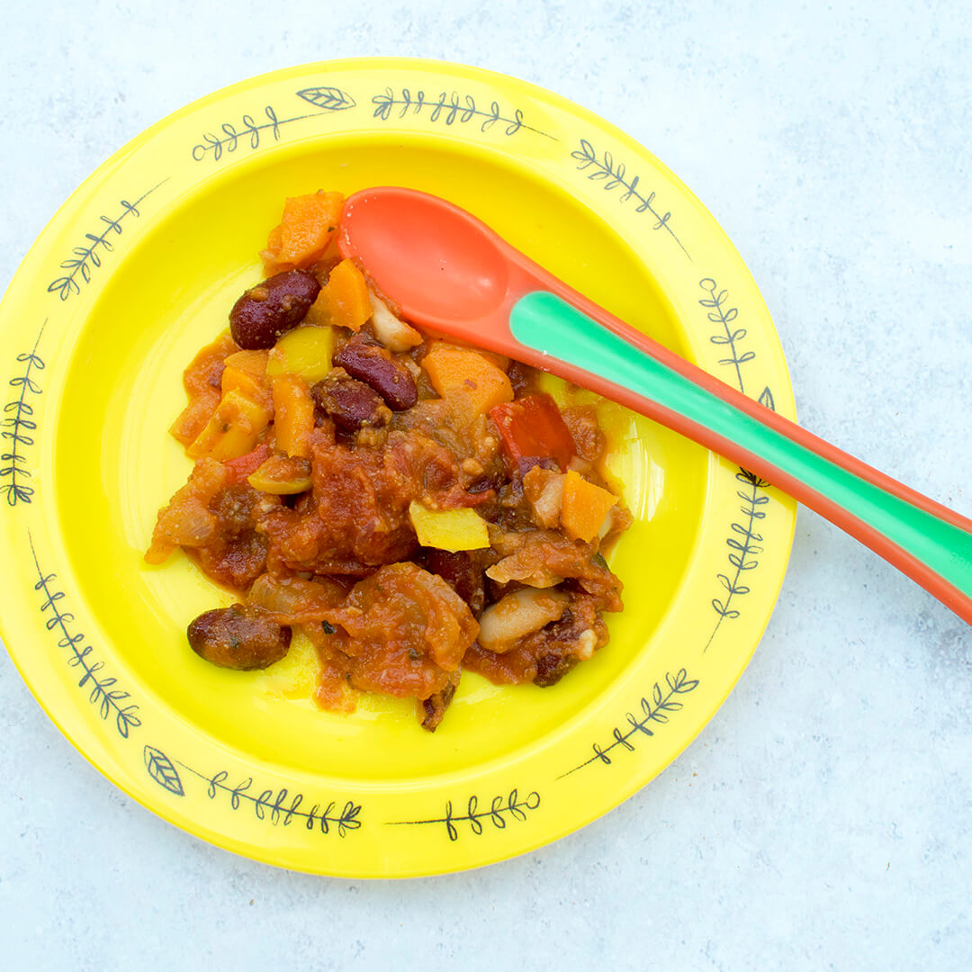 Chunky Vegetarian Chilli in a yellow bowl