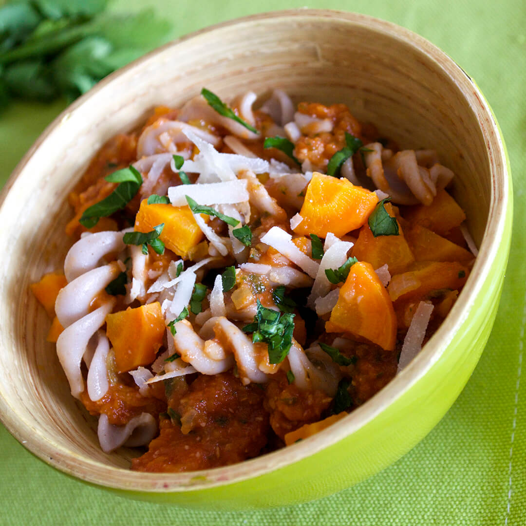 Vegetable & Cheese Sauce With Baby Pasta in a bowl