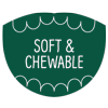 green icon of an open mouth with text inside that reads soft and chewable