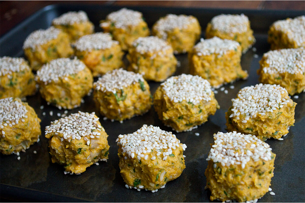 Sweet potato falafels on a baking tray