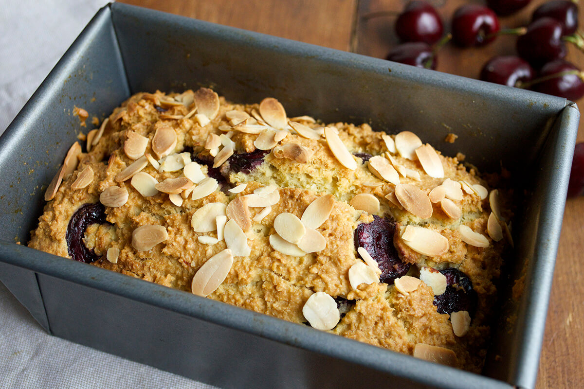 Cooked Cherry Almond Loaf in loaf tin