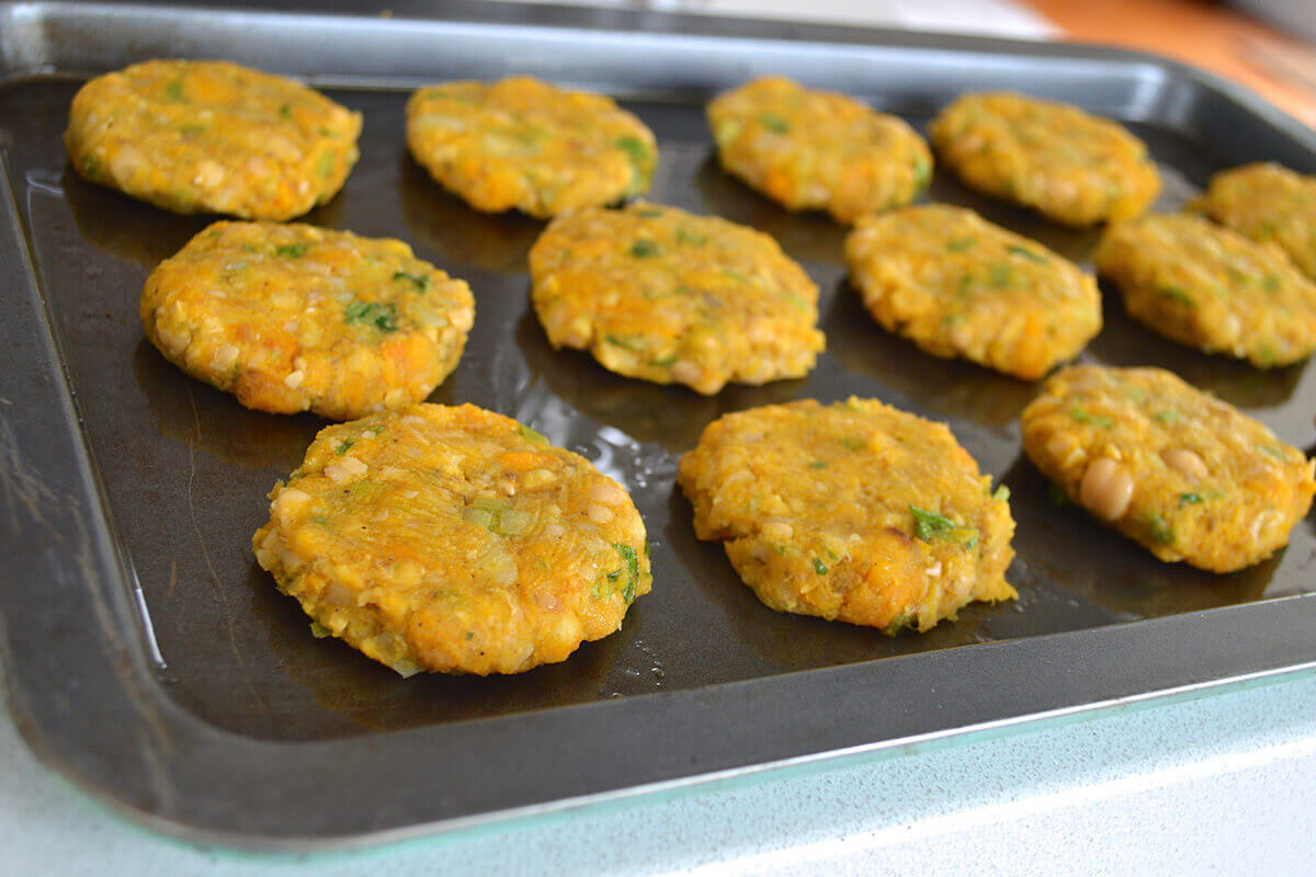 Shaped patties on a baking tray