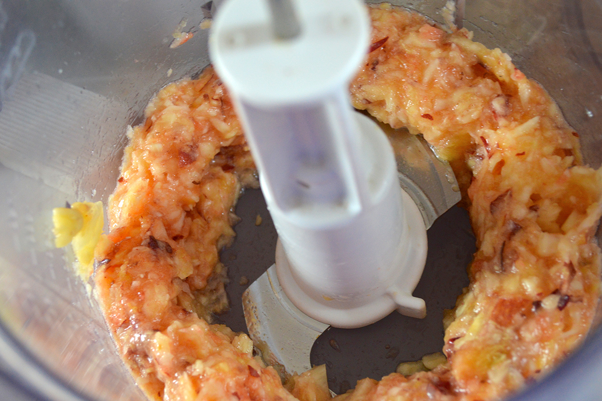 Pineapple and peach in a food processor