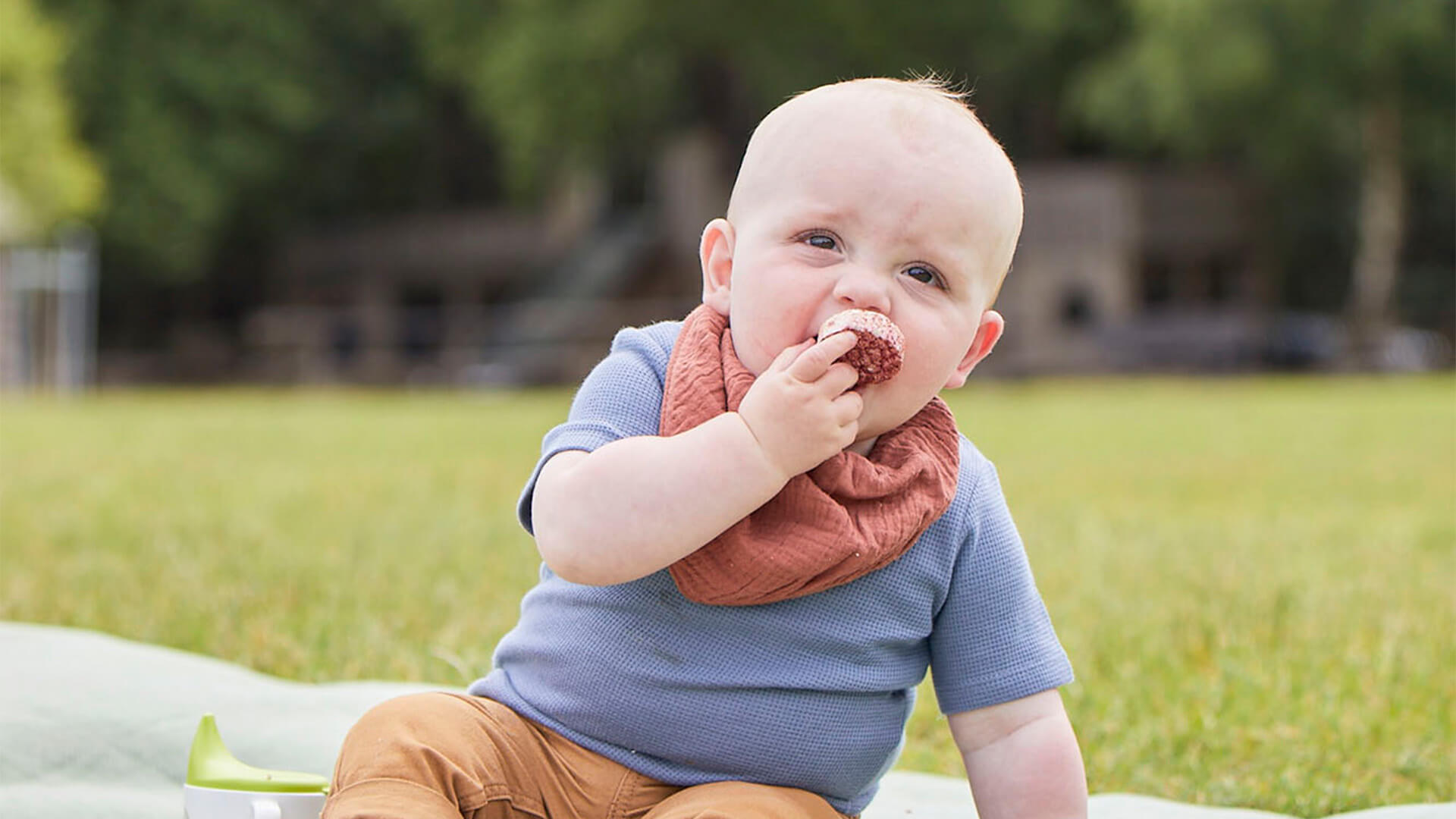 A baby sitting on a blanket outside and eating a rice cake